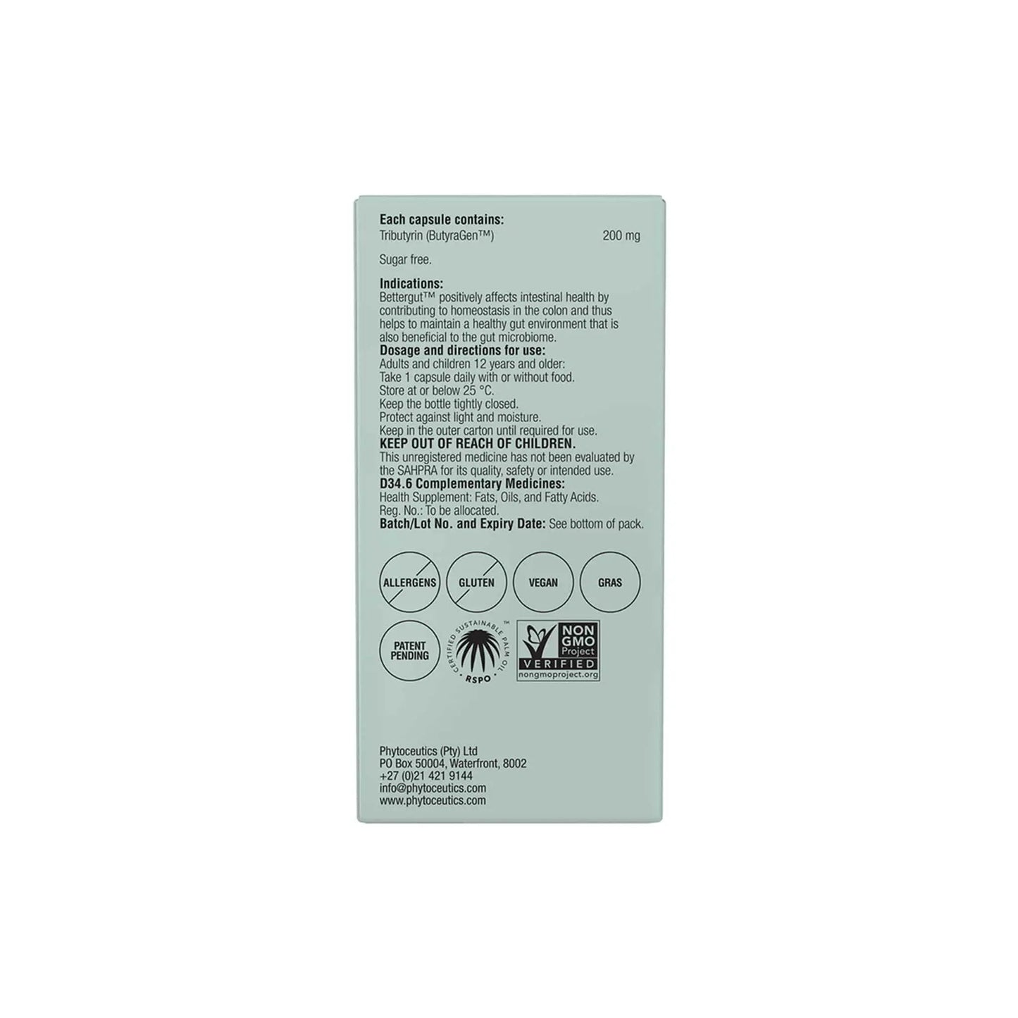 Phytoceutics Bettergut product label detailing ingredients and usage instructions for gut health support.