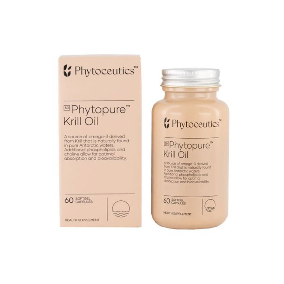 Phytopure Krill Oil bottle and box, a source of omega-3 from Antarctic krill for heart and brain health.