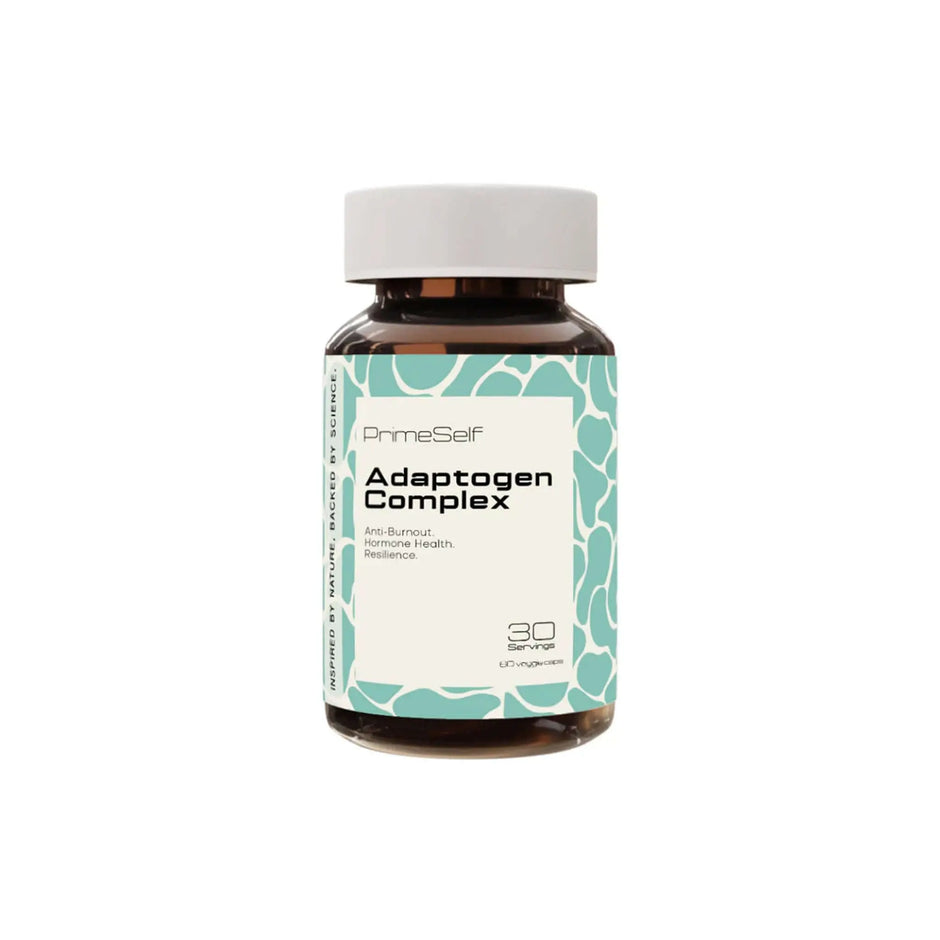 PrimeSelf Adaptogen Complex bottle, a herbal supplement for stress response, immunity, and vitality, featuring 30 capsules.