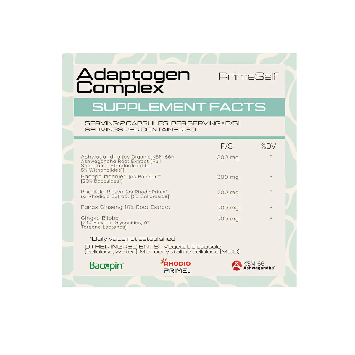 PrimeSelf Adaptogen Complex supplement facts label with dosage and ingredients for stress support and immunity.