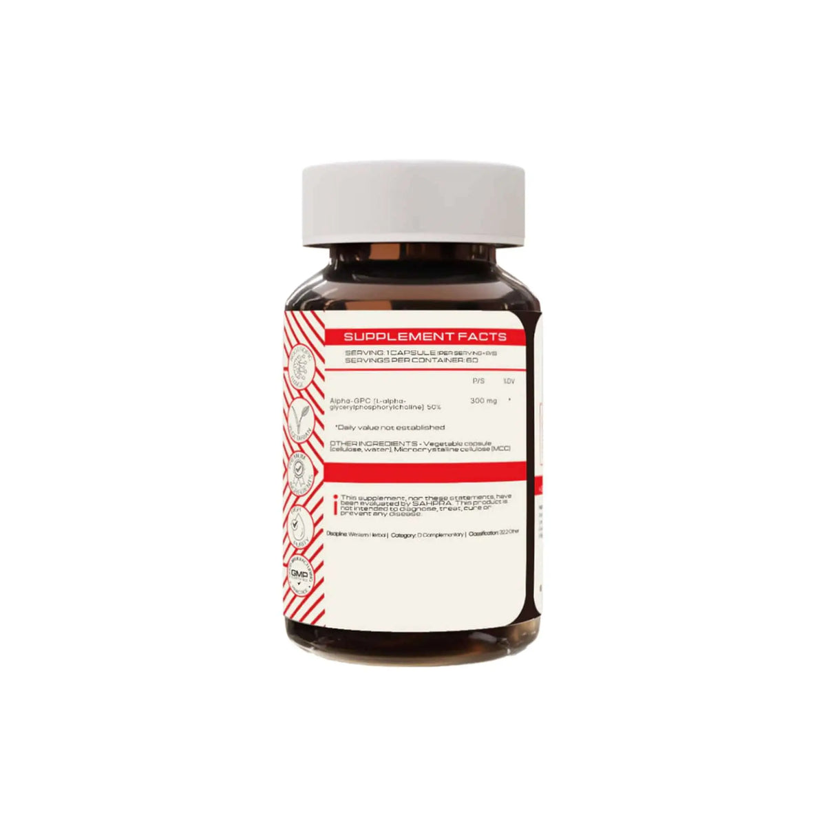 PrimeSelf Alpha GPC supplement bottle showcasing nutrition facts and ingredients for cognitive enhancement and performance.