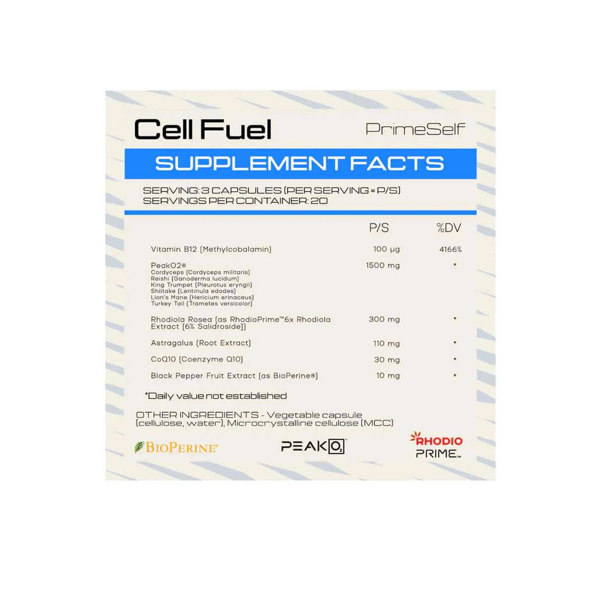 Supplement facts label for PrimeSelf Cell Fuel highlighting ingredients and nutrition information.