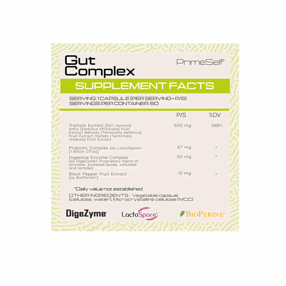 PrimeSelf Gut Complex supplement facts label showcasing ingredients like Triphala, Digezyme, and LactoSpore.