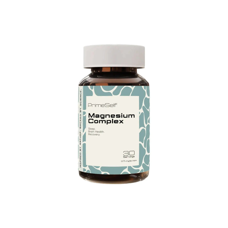 PrimeSelf Magnesium Complex supplement bottle for sleep, brain health, and recovery with three bioavailable magnesium forms.