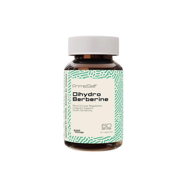 PrimeSelf Dihydro Berberine supplement bottle promoting blood sugar regulation and insulin sensitivity.