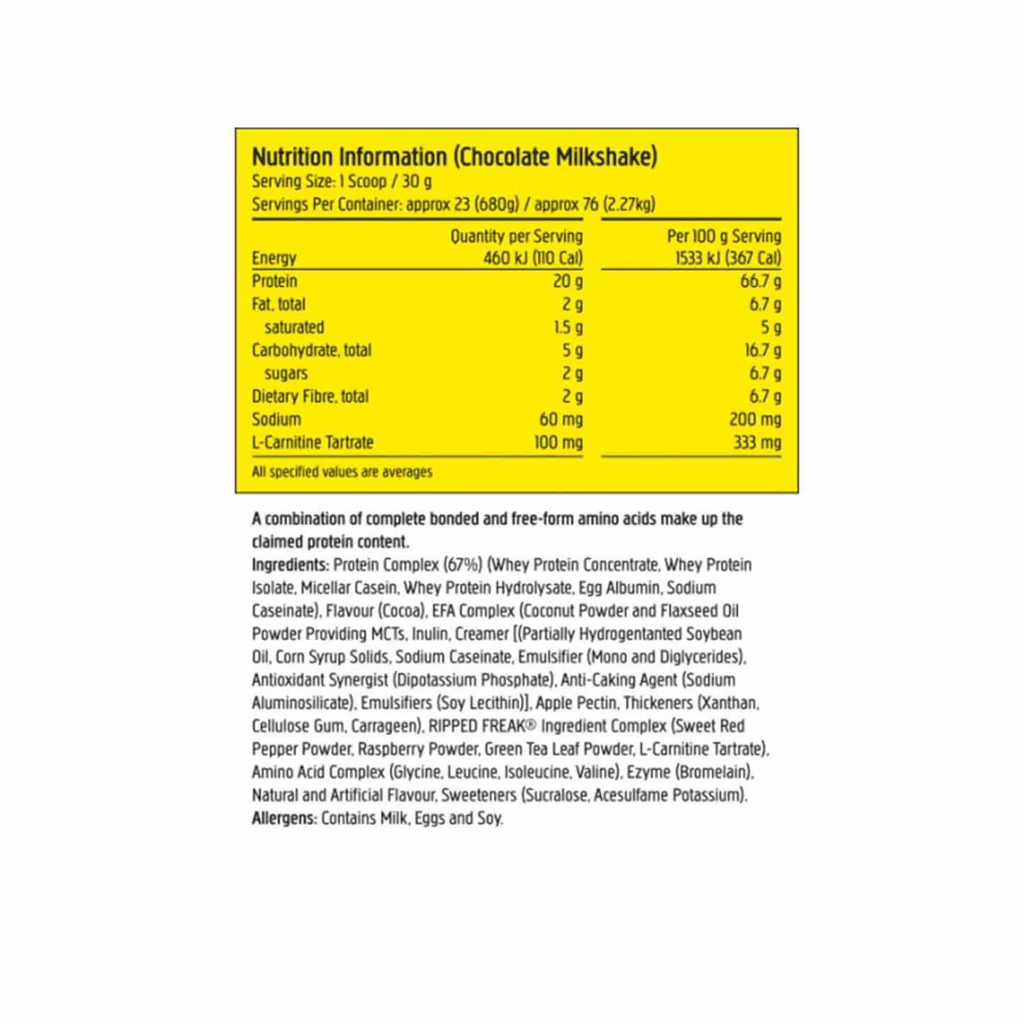 Nutrition information for Chocolate Milkshake, detailing protein, carbs, sugar, and ingredients in PharmaFreak protein blend.