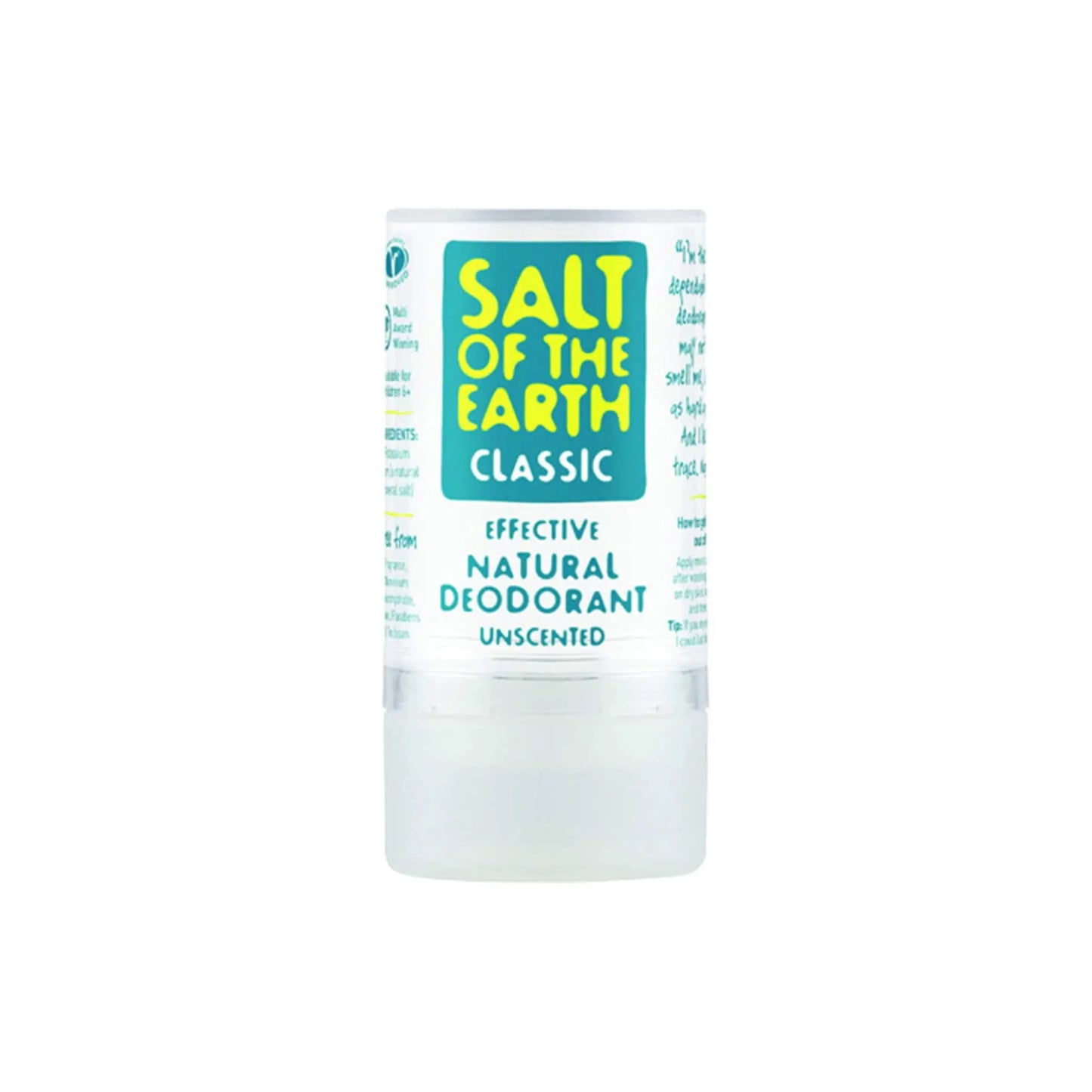 Salt of the Earth Classic Deodorant Stick, natural and unscented, prevents body odour effectively and is hypoallergenic.