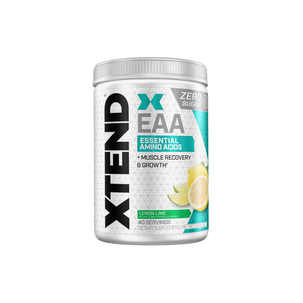 Scivation Xtend EAA supplement in Lemon Lime flavor, zero sugar, promotes muscle recovery with essential amino acids.