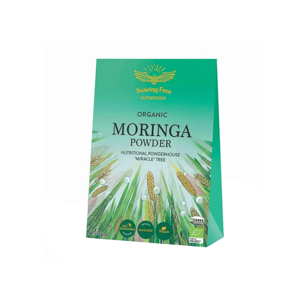 Organic Moringa Powder packaging showing nutrient-dense superfood for health benefits and daily nutrition.