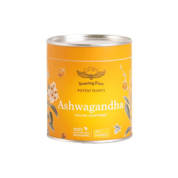 Organic Ashwagandha Powder in eco-friendly packaging, labeled as healing adaptogen for stress management and wellness.