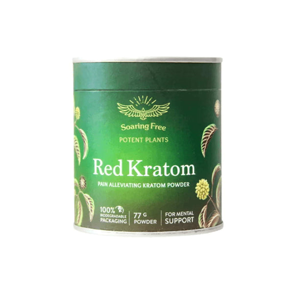 Red Kratom powder container by Soaring Free, 100% biodegradable packaging, 77g for natural pain relief and mental support.
