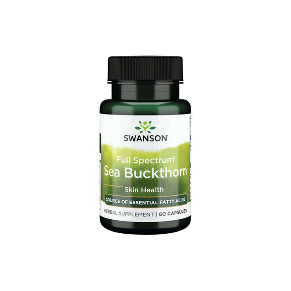 Swanson Full Spectrum Sea Buckthorn supplement bottle promoting skin and gastric health with essential fatty acids, 60 capsules.