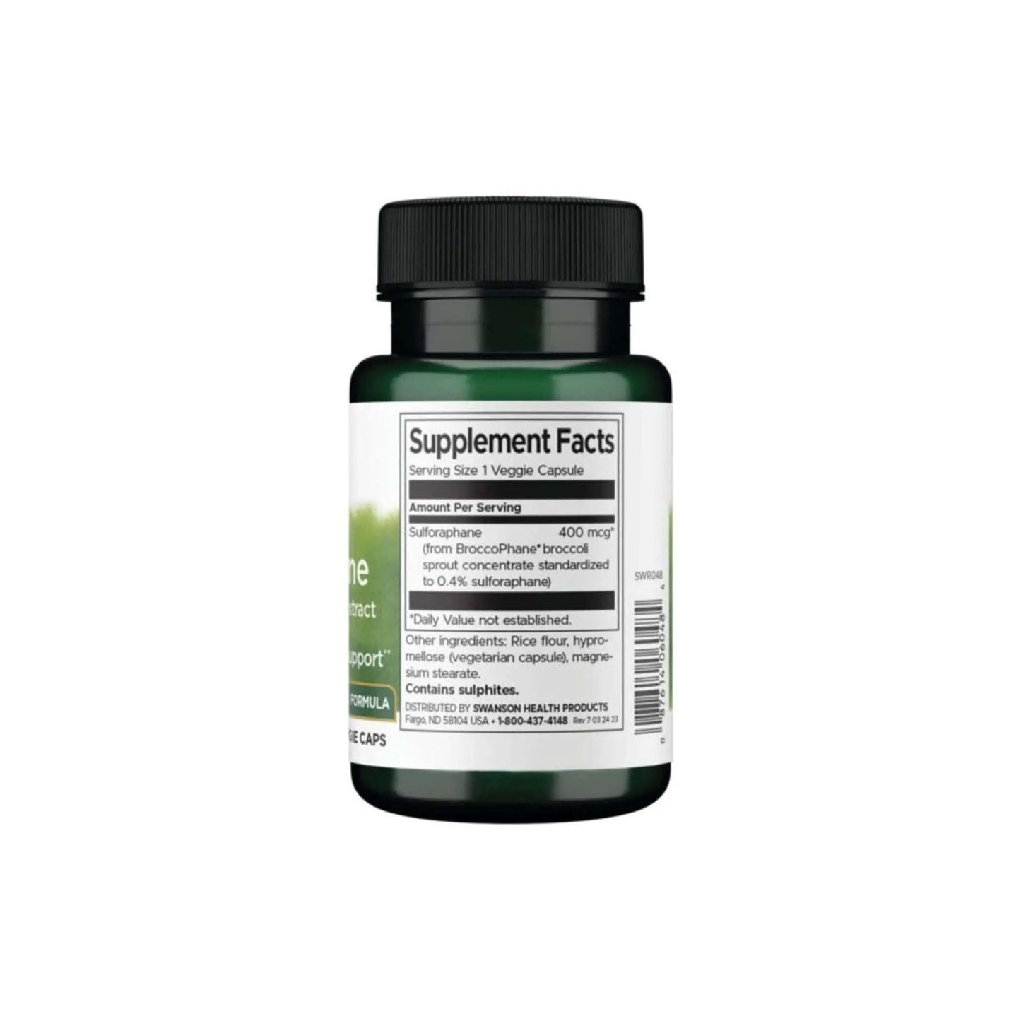 Swanson Green Sulforaphane supplement bottle showcasing supplement facts and ingredients for healthy cell support.