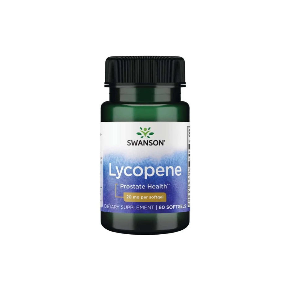 Swanson Lycopene bottle, 20 mg softgels for prostate health, dietary supplement, 60 capsules per bottle.
