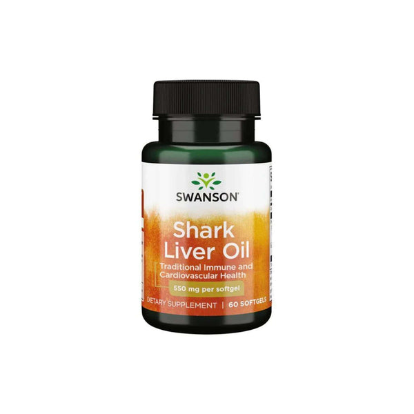 Swanson Shark Liver Oil softgel bottle, 550 mg per serving, supports cardiovascular and immune health.