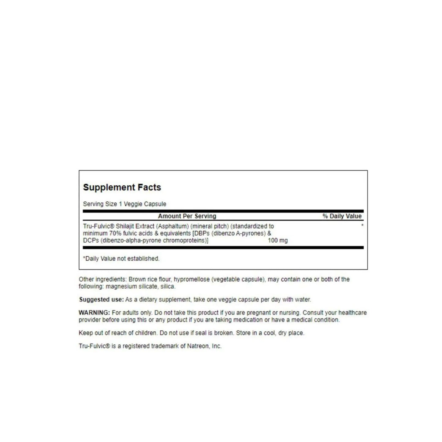 Supplement facts for Swanson Shilajit Extract Extra Strength, detailing ingredients and serving size per capsule.