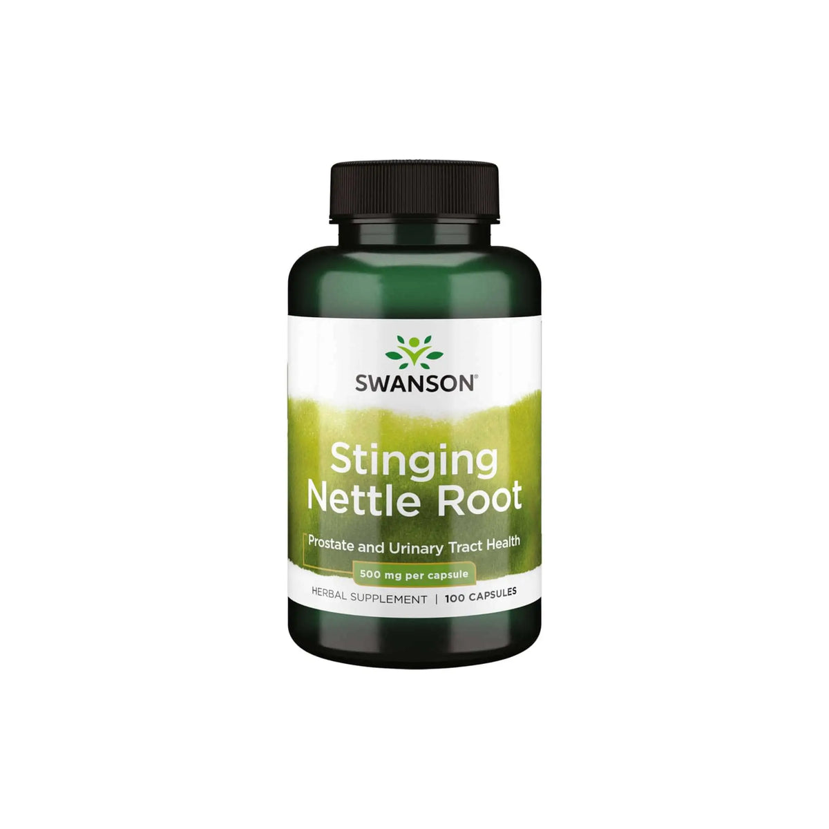 Swanson Stinging Nettle Root bottle, 500 mg herbal supplement for prostate and urinary health, 100 capsules.