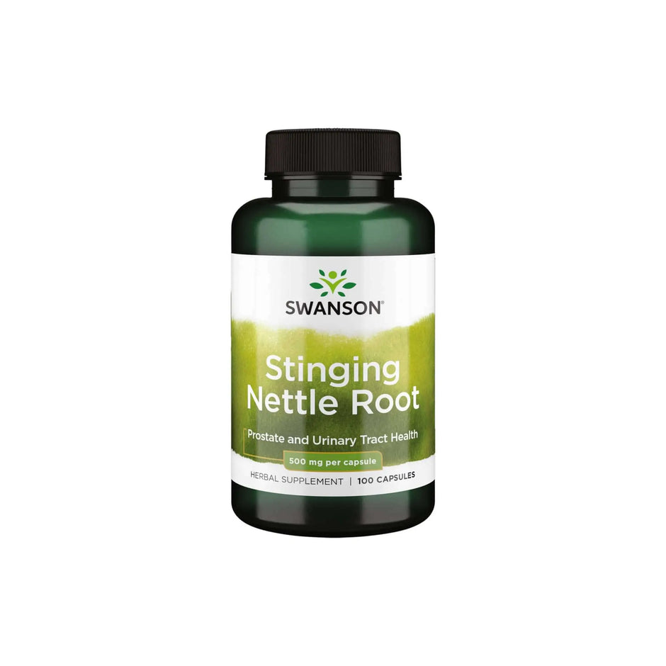 Swanson Stinging Nettle Root bottle, 500 mg herbal supplement for prostate and urinary health, 100 capsules.