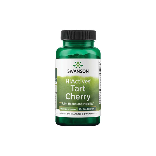 Swanson Tart Cherry supplement bottle for joint health and mobility, 60 capsules, featuring HiActives formula.