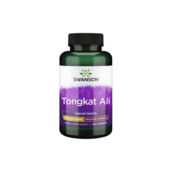 Swanson Tongkat Ali herbal supplement bottle for sexual health, featuring 120 capsules in a green container.