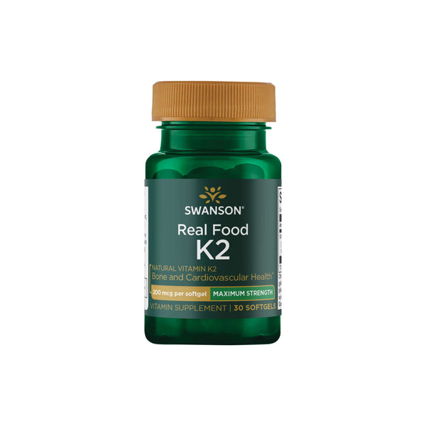 Swanson Real Food K2 vitamin supplement bottle for strong bones and cardiovascular health, 30 softgels.