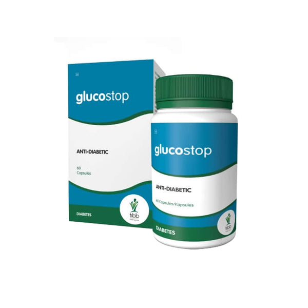 Tibb Glucostop anti-diabetic capsules packaging, promoting healthy blood sugar levels for diabetes management.