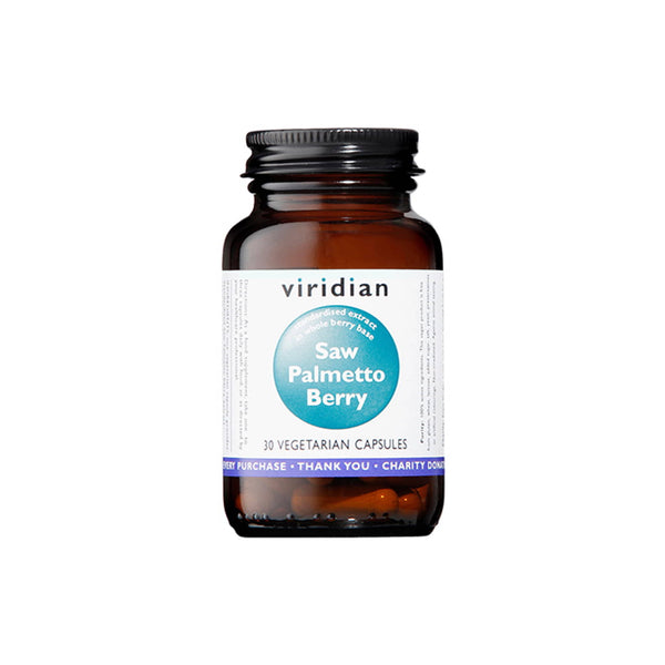 Viridian Saw Palmetto Berry supplement in a brown glass bottle containing 30 vegetarian capsules.