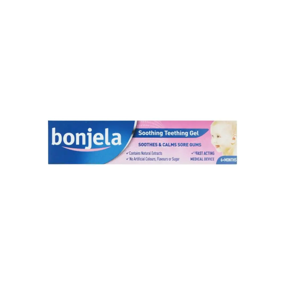 Bonjela soothing teething gel blue and pink tube with baby image for relieving affected area discomfort