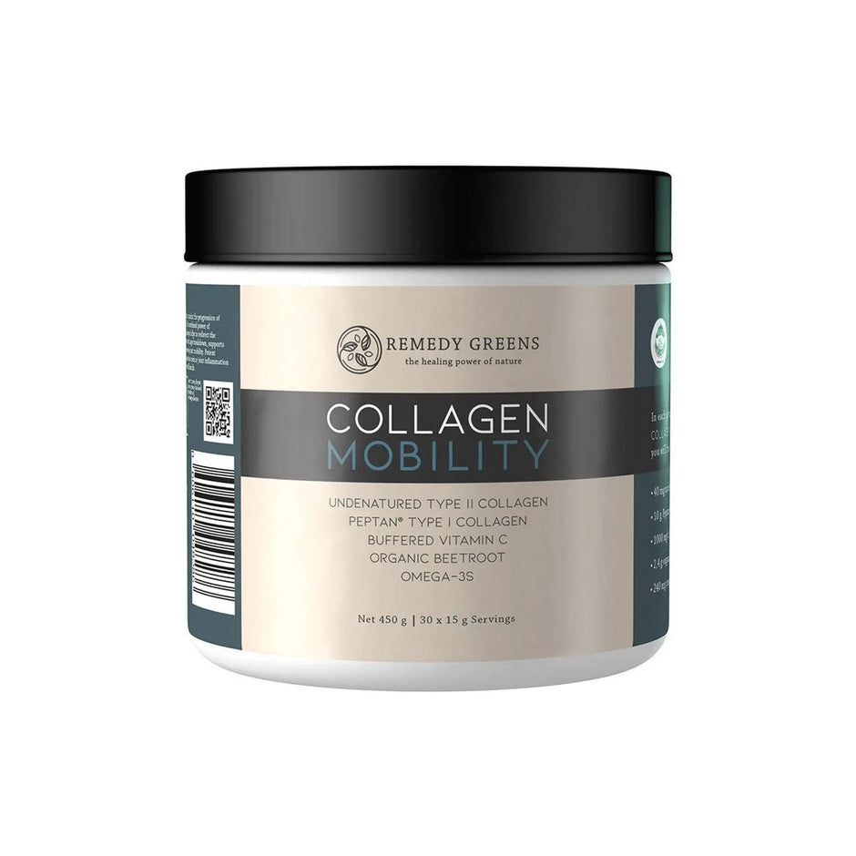 Remedy Greens Collagen Mobility powder, featuring Collagen Type-IIâ„¢, Vitamin C, and beetroot for joint health.