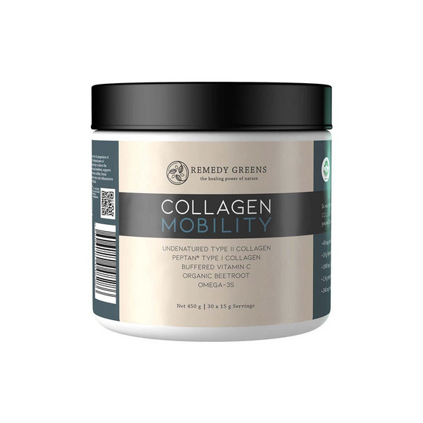 Remedy Greens Collagen Mobility powder, featuring Collagen Type-II™, Vitamin C, and beetroot for joint health.