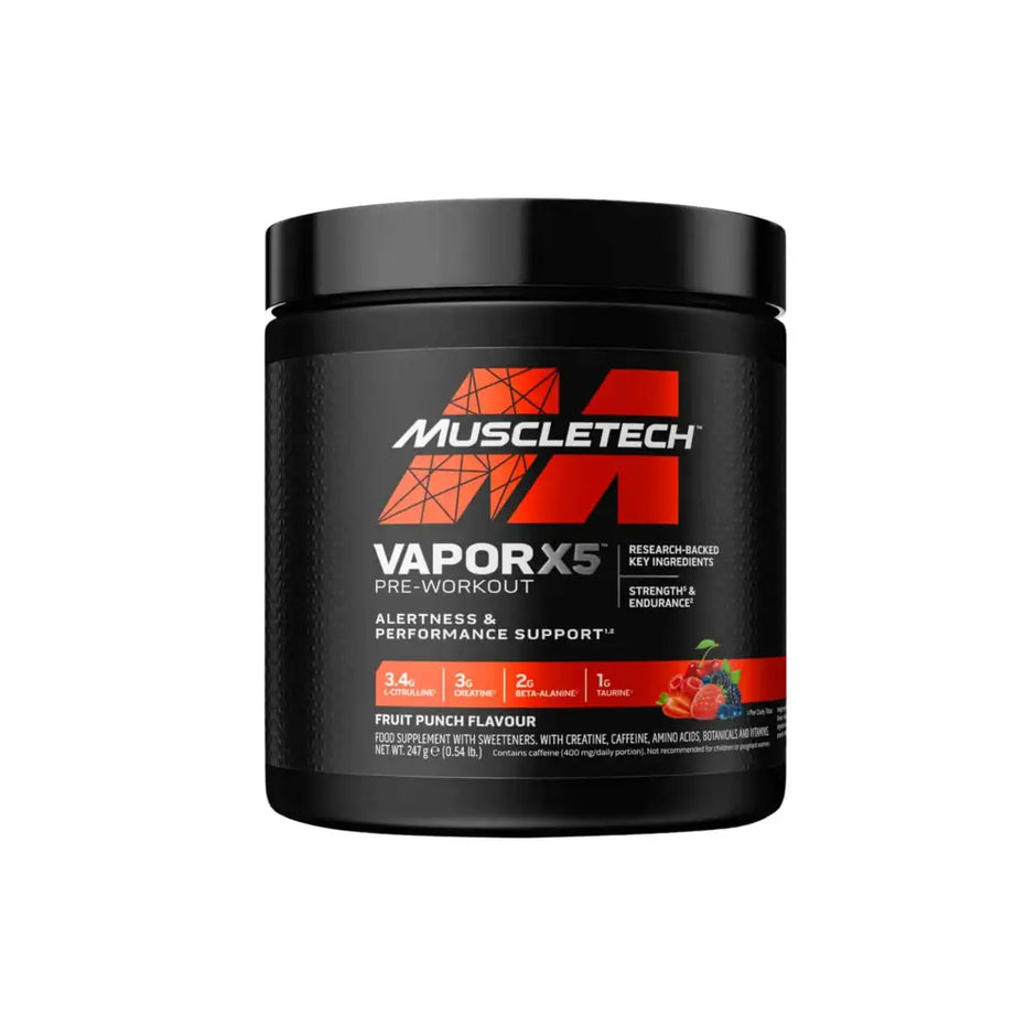 Muscletech vapor x5 next gen pre-workout in black container with fruit punch flavor to boost energy and muscle gains