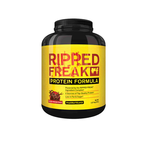PharmaFreak Ripped Freak Protein formula in a black container, showcasing low fat and sugar with six quality protein sources.