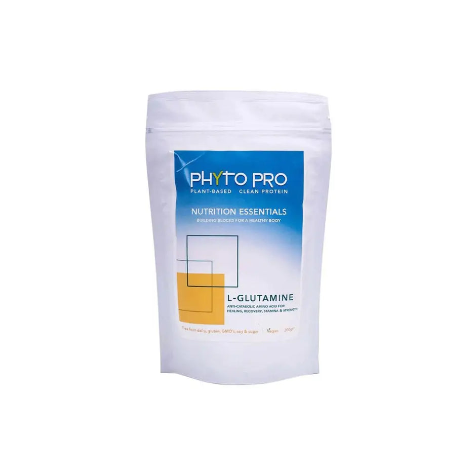 White resealable pouch of phyto pro l-glutamine plant-based amino acid supplement with blue and orange label design