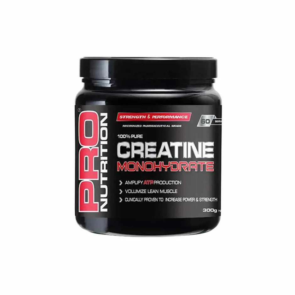 Black plastic jar of pro nutrition creatine monohydrate 300g with black lid and red white label for sports nutrition