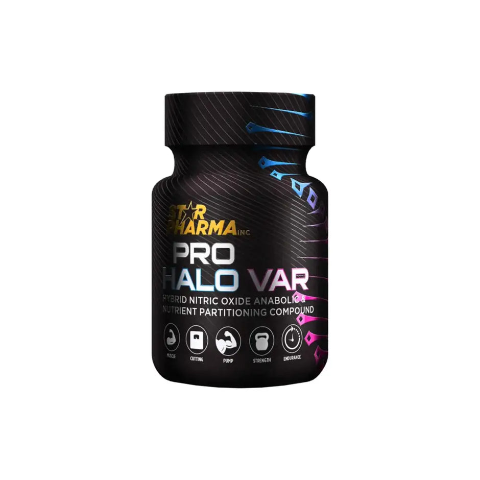 Black plastic star pharma pro halo supplement bottle with vibrant blue and purple neon label for fitness enthusiasts