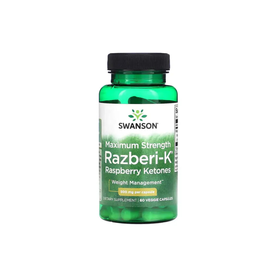 Green glass bottle of swanson diet razberi-k 100mg raspberry ketones maximum strength weight management supplement