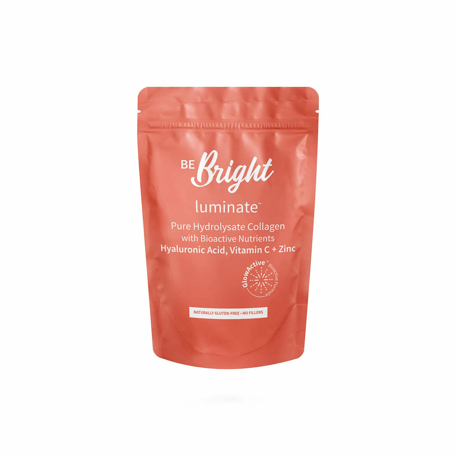 Be Bright Luminate collagen refill bag with hyaluronic acid, vitamin C, and zinc for skin hydration and nourishment.
