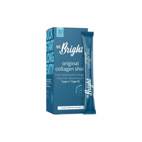 Be Bright Original Collagen Shot packaging with collagen sachets, promoting skin health and vitality.