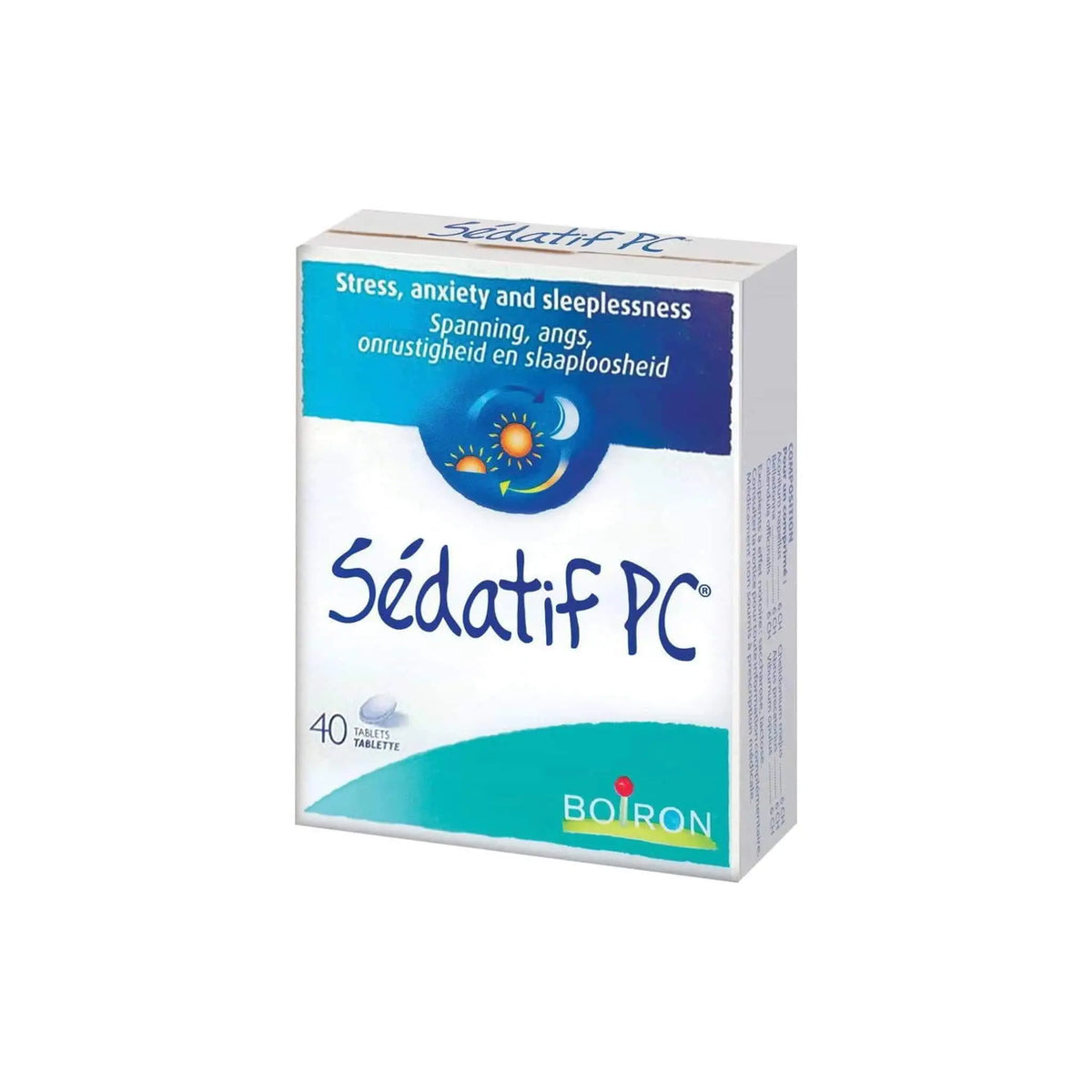 Boiron Sedatif PC packaging for stress relief, anxiety management, and improved sleep; 40 natural tablets.