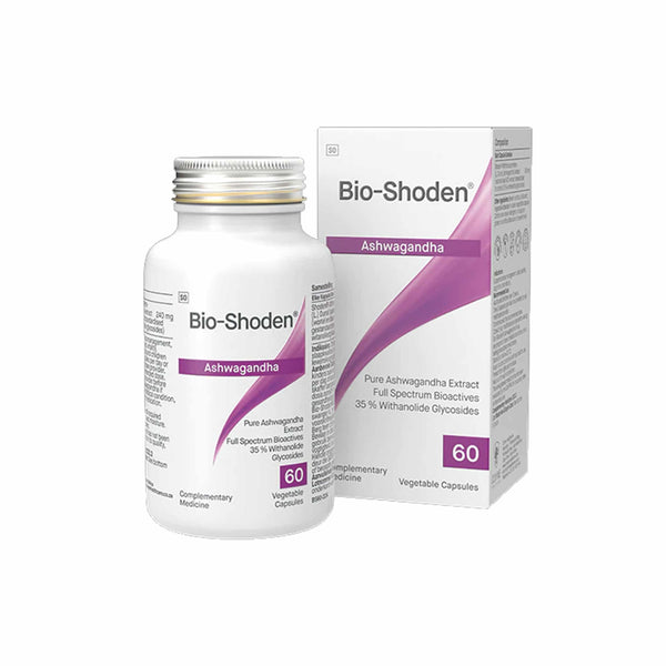 Bio-Shoden Ashwagandha supplement bottle with packaging, featuring 60 vegetable capsules for stress relief and resilience.