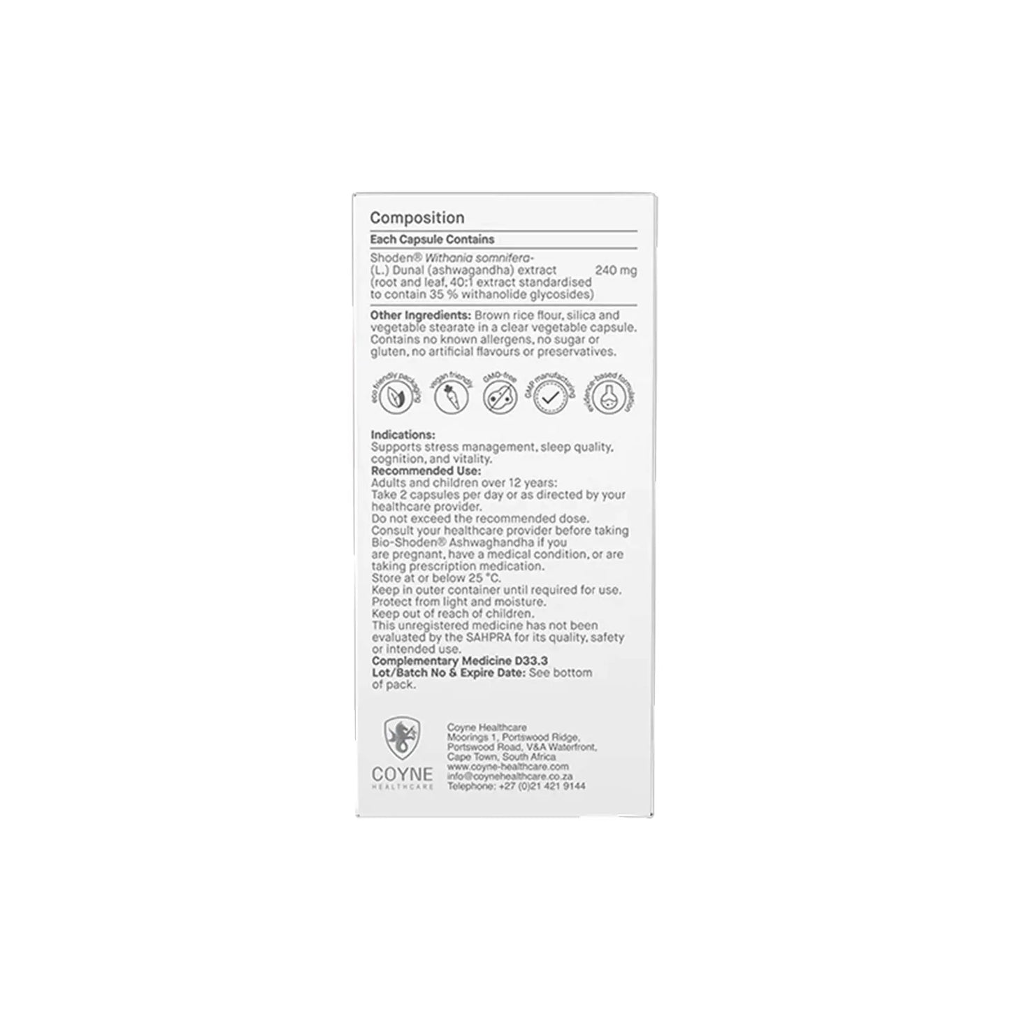 Coyne Bio-Shoden Ashwagandha product label showcasing composition, dosage, and usage instructions for stress management.