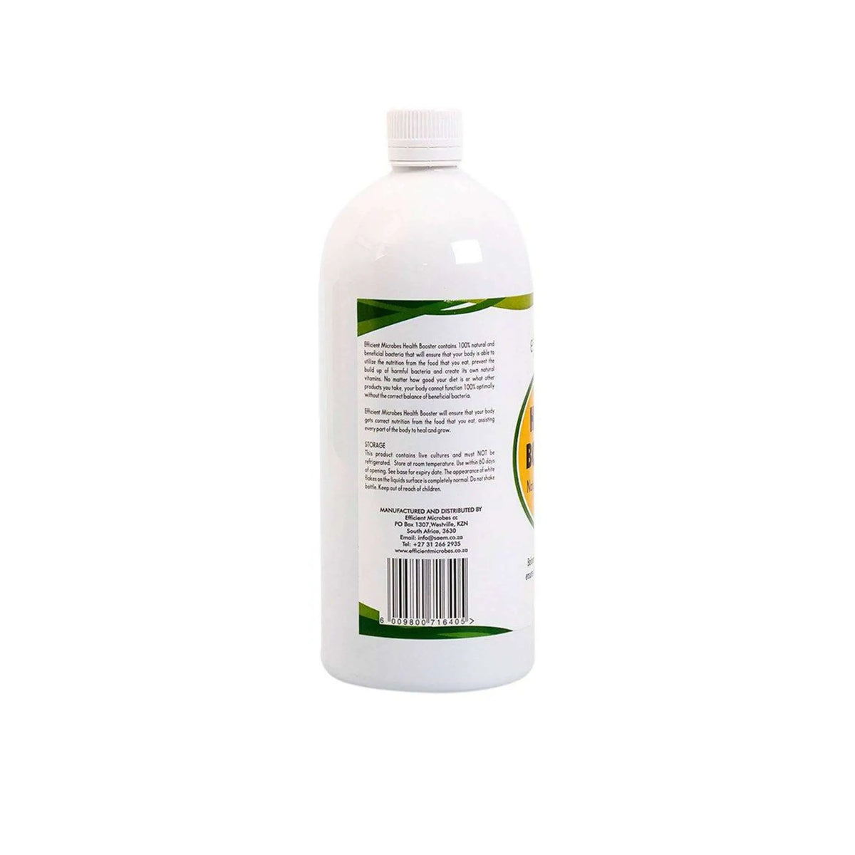 Back view of Efficient Microbes Health Booster bottle, showcasing product information and ingredients.