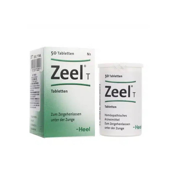 Heel Zeel T homeopathic remedy for arthritis relief, featuring packaging and tablet container with 50 tablets.