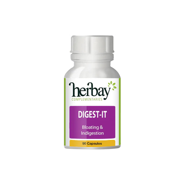 Herbay Digest-It supplement bottle for bloating and indigestion relief, featuring 90 capsules.