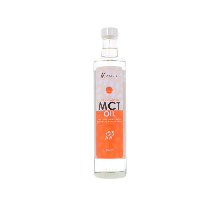 LifeMatrix MCT Oil in a clear bottle, made from coconut, ideal for ketogenic diets and energy boost.