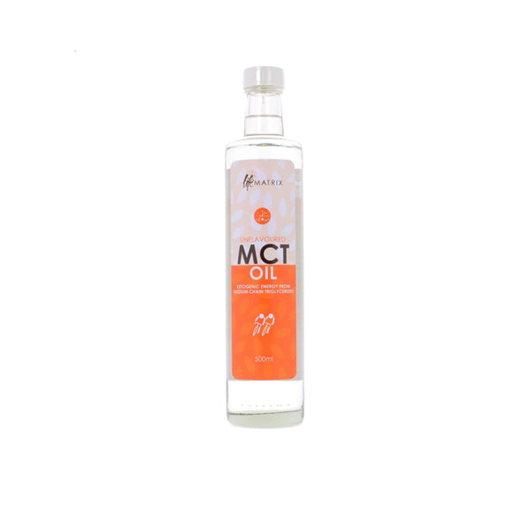 LifeMatrix Unflavoured MCT Oil in a clear bottle, made from coconut, promoting energy for ketogenic diets.