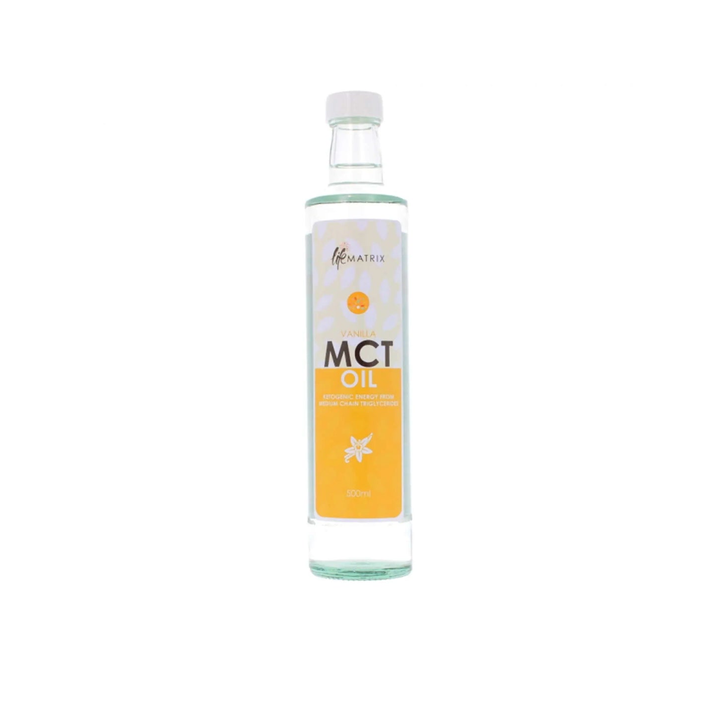 LifeMatrix MCT Oil in a transparent bottle with a vanilla label, ideal for enhancing energy and athletic performance.