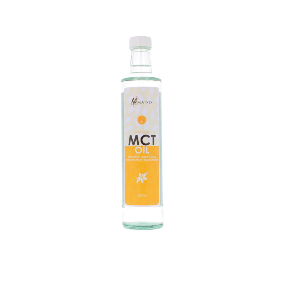LifeMatrix MCT Oil in a transparent bottle with a vanilla label, ideal for enhancing energy and athletic performance.