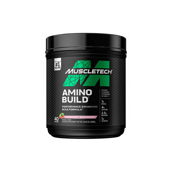 Muscletech Amino Build 40 Serving BCAA supplement for muscle growth and recovery in a black container.