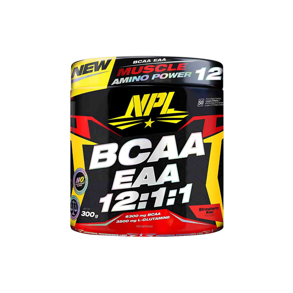 NPL BCAA EAA supplement container featuring 12:1:1 ratio, 300g, supports muscle recovery and growth, Strawberry flavor.